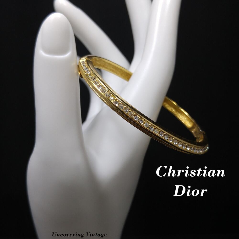 Vintage Christian Dior Gold Crystal Bangle Bracelet Signed Chr. Dior 1980s
